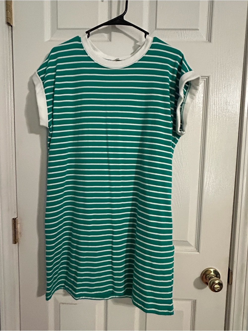 Green and White Striped Mini Dress with Contrast Trim